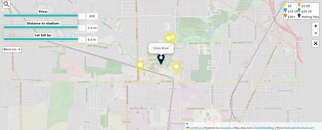 Parking map for University of Toledo Rockets college football games at the Glass Bowl in Toledo, OH.