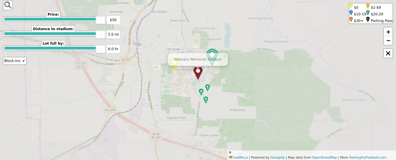 Parking map for Troy University Trojans college football games at the Veterans Memorial Stadium in Troy, AL.