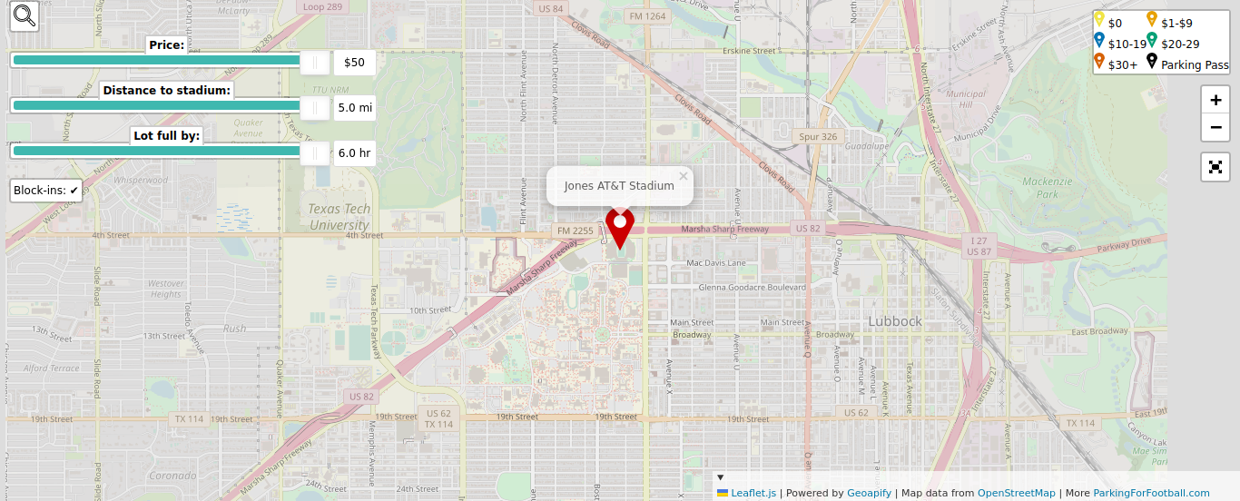 Parking map for Texas Tech Red Raiders college football games at the Jones AT&T Stadium in Lubbock, TX.