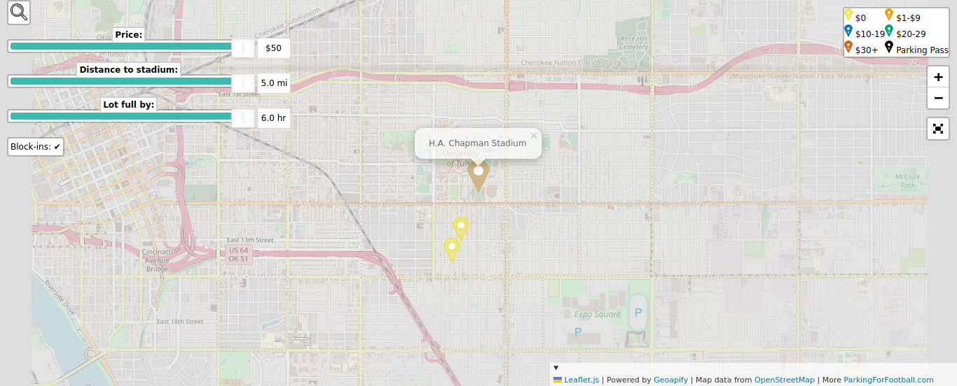 Parking map for University of Tulsa Golden Hurricane college football games at the H.A. Chapman Stadium in Tulsa, OK.