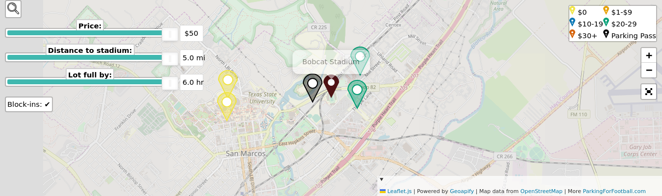 Parking map for Texas State University Bobcats college football games at the Bobcat Stadium in San Marcos, TX.