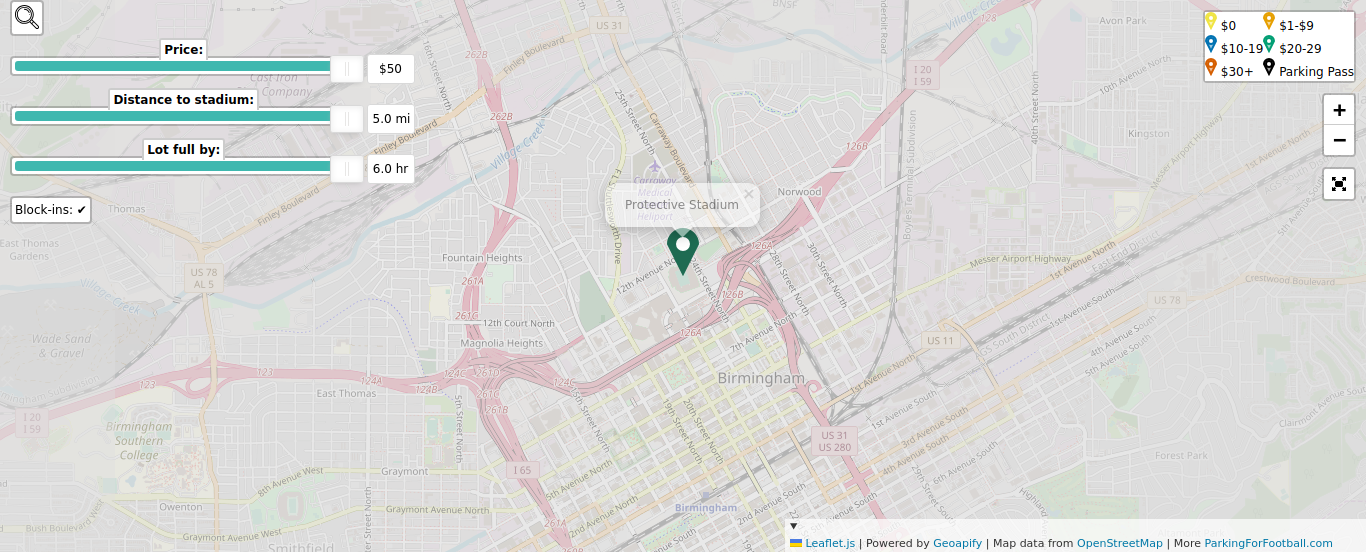 Parking map for University of Alabama at Birmingham Blazers college football games at the Protective Stadium in Birmingham, AL.