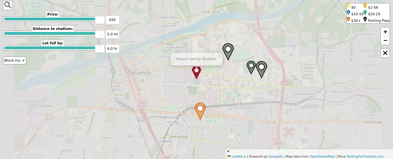 Parking map for University of Alabama Crimson Tide college football games at the Bryant–Denny Stadium in Tuscaloosa, AL.