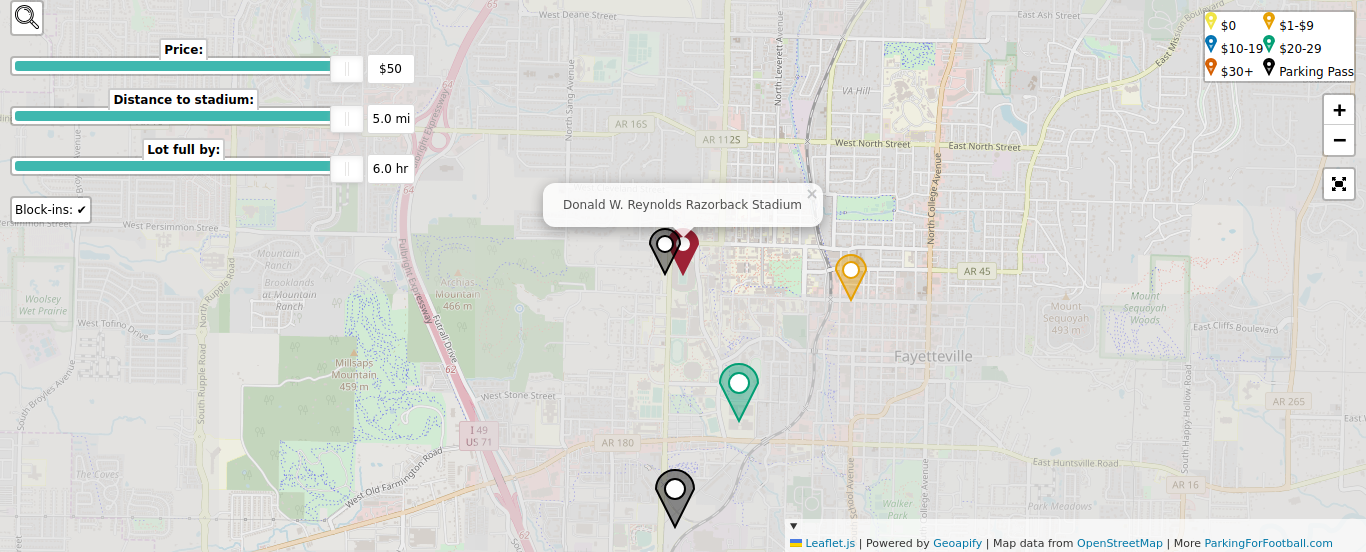 Parking map for University of Arkansas Razorbacks college football games at the Donald W. Reynolds Razorback Stadium in Fayetteville, AR.