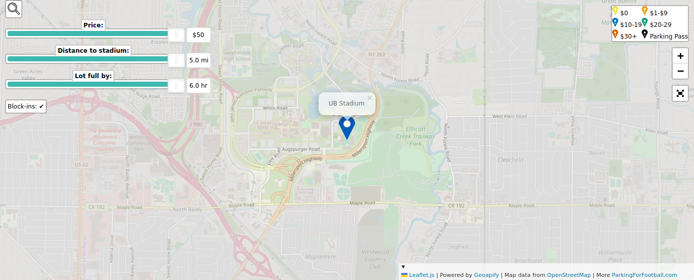 Parking map for University at Buffalo Bulls college football games at the UB Stadium in Buffalo, NY.