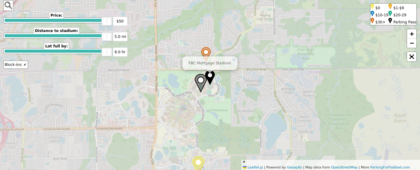 Parking map for University of Central Florida Knights college football games at the FBC Mortgage Stadium in Orlando, FL.