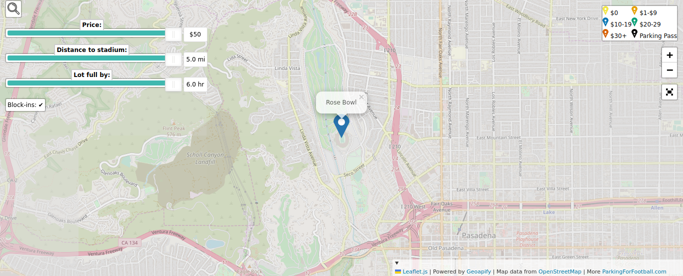 Parking map for University of California Los Angeles (UCLA) Bruins college football games at the Rose Bowl in Los Angeles, CA.