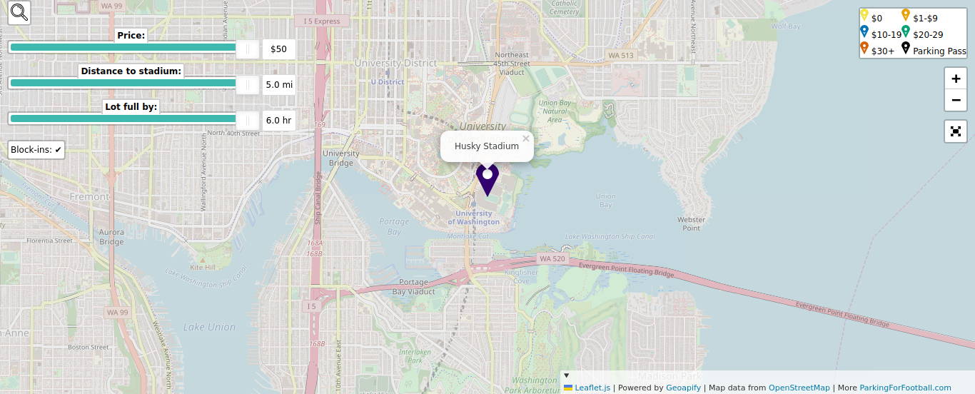 Parking map for University of Washington Huskies college football games at the Husky Stadium in Seattle, WA.