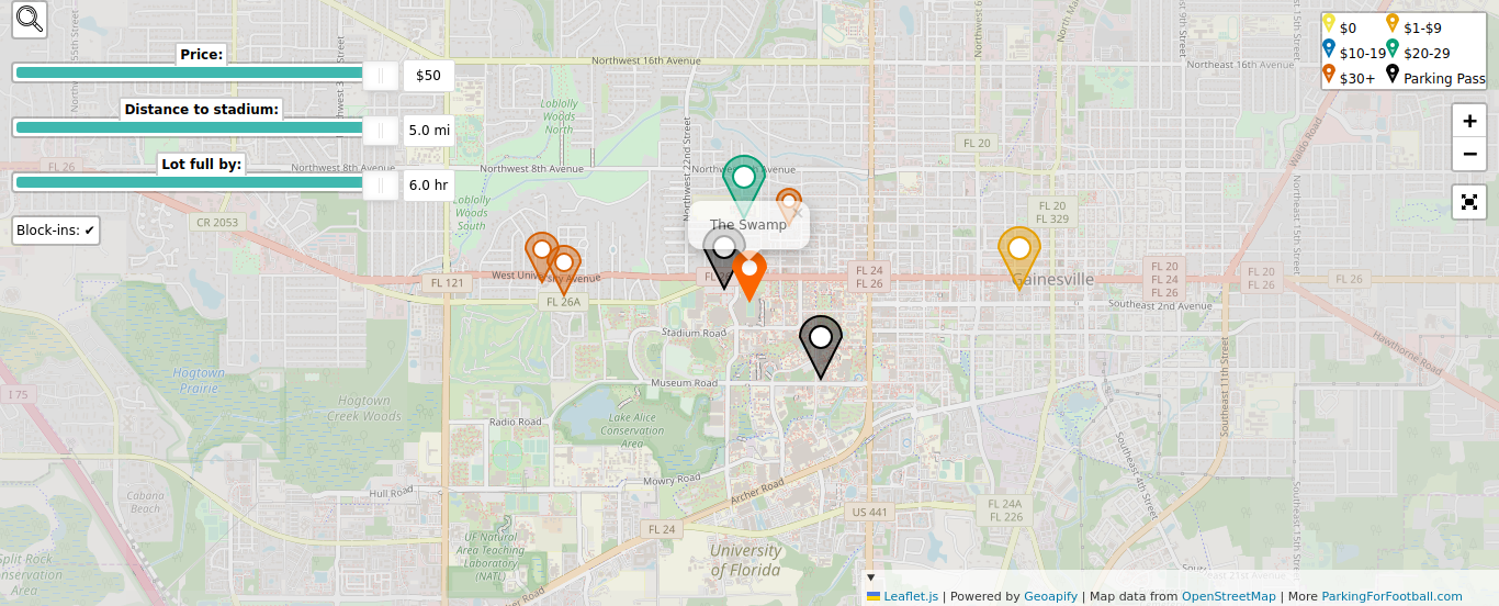 Parking map for University of Florida Florida Gators college football games at the The Swamp in Gainesville, FL.