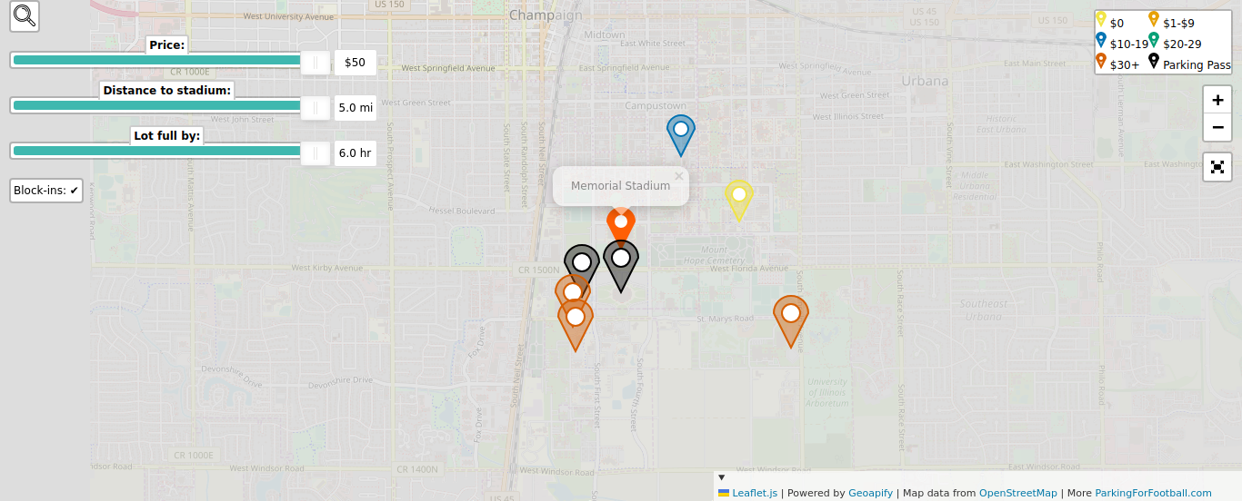 Parking map for University of Illinois Urbana–Champaign Fighting Illini college football games at the Memorial Stadium in Urbana-Champaign, IL.