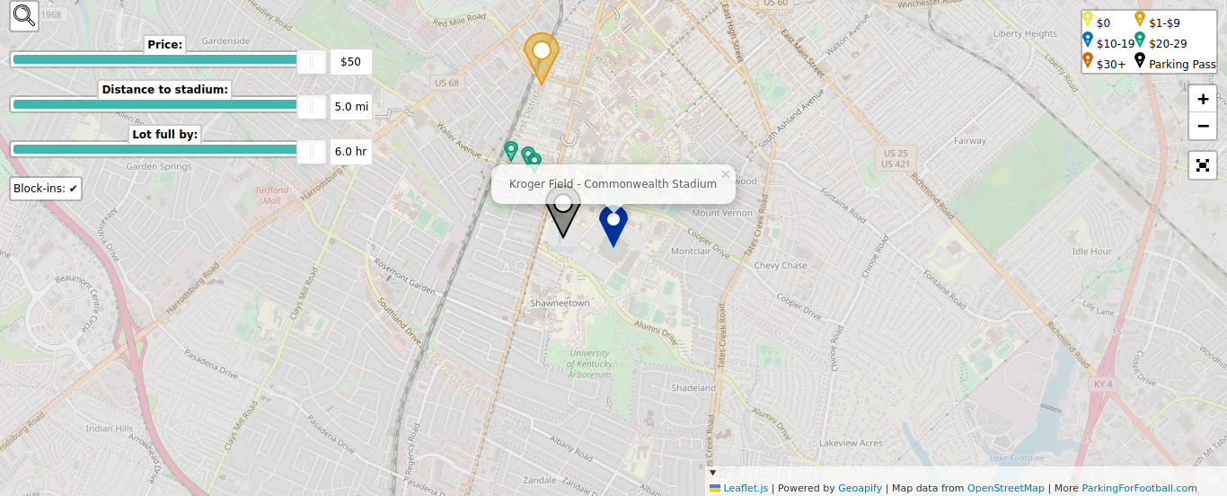 Parking map for University of Kentucky Wildcats college football games at the Kroger Field - Commonwealth Stadium in Lexington, KY.