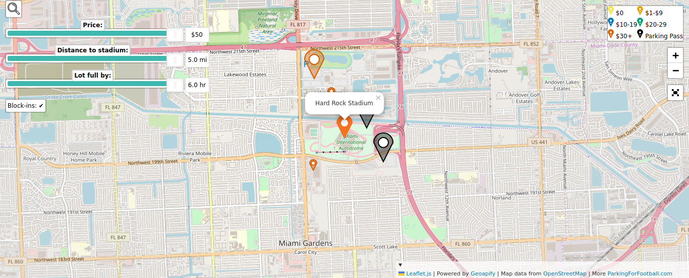 Parking map for University of Miami Hurricanes college football games at the Hard Rock Stadium in Coral Gables, FL.