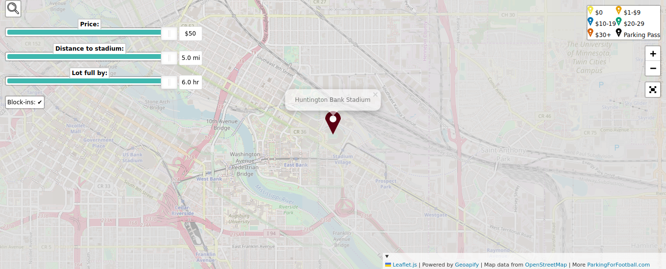 Parking map for University of Minnesota Twin Cities Golden Gophers college football games at the Huntington Bank Stadium in Minneapolis-St. Paul, MN.