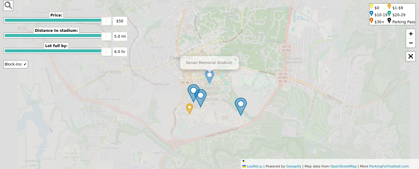 Parking map for University of North Carolina at Chapel Hill Tar Heels college football games at the Kenan Memorial Stadium in Chapel Hill, NC.