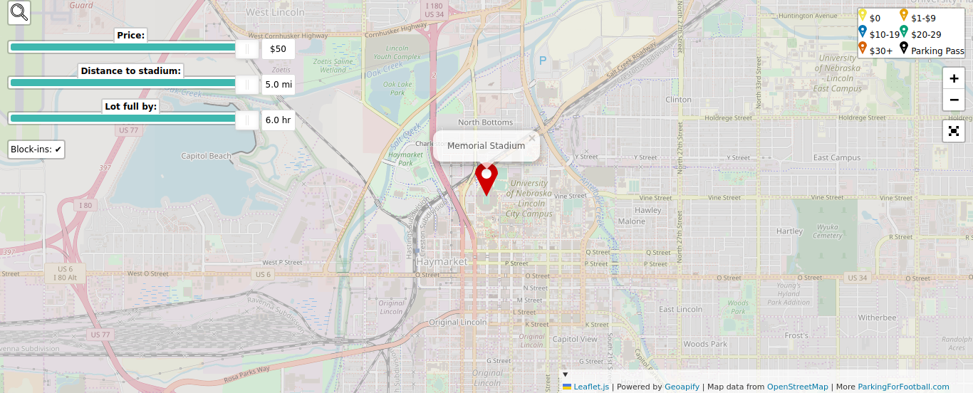 Parking map for University of Nebraska–Lincoln Cornhuskers college football games at the Memorial Stadium in Lincoln, NB.