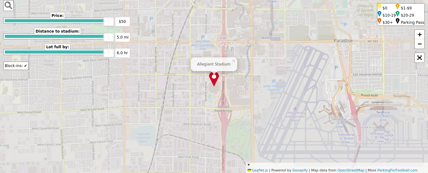 Parking map for University of Nevada - Las Vegas Rebels college football games at the Allegiant Stadium in Las Vegas, NV.