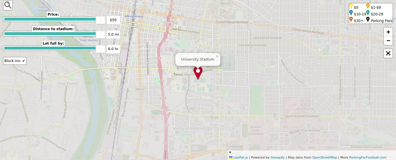 Parking map for University of New Mexico Lobos college football games at the University Stadium in Albuquerque, NM.