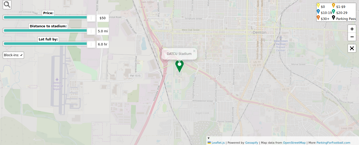 Parking map for University of North Texas Mean Green college football games at the DATCU Stadium in Denton, TX.