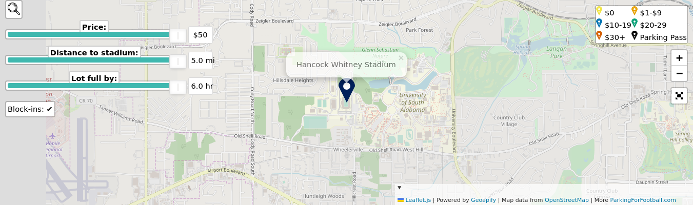 Parking map for University of South Alabama Jaguars college football games at the Hancock Whitney Stadium in Mobile, AL.