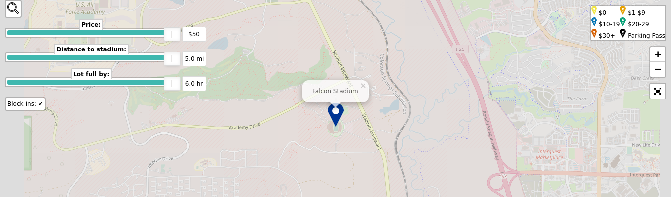 Parking map for United States Air Force Academy Falcons college football games at the Falcon Stadium in USAF Academy, CO.