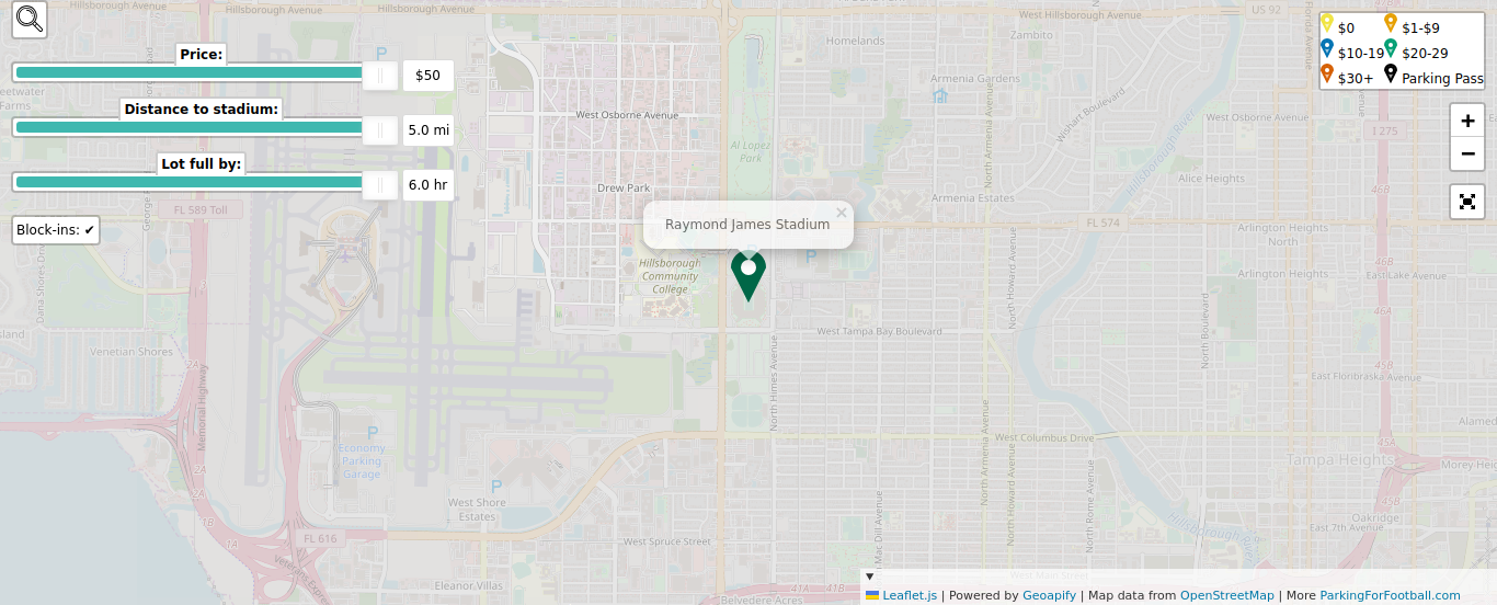 Parking map for University of South Florida Bulls college football games at the Raymond James Stadium in Tampa, FL.