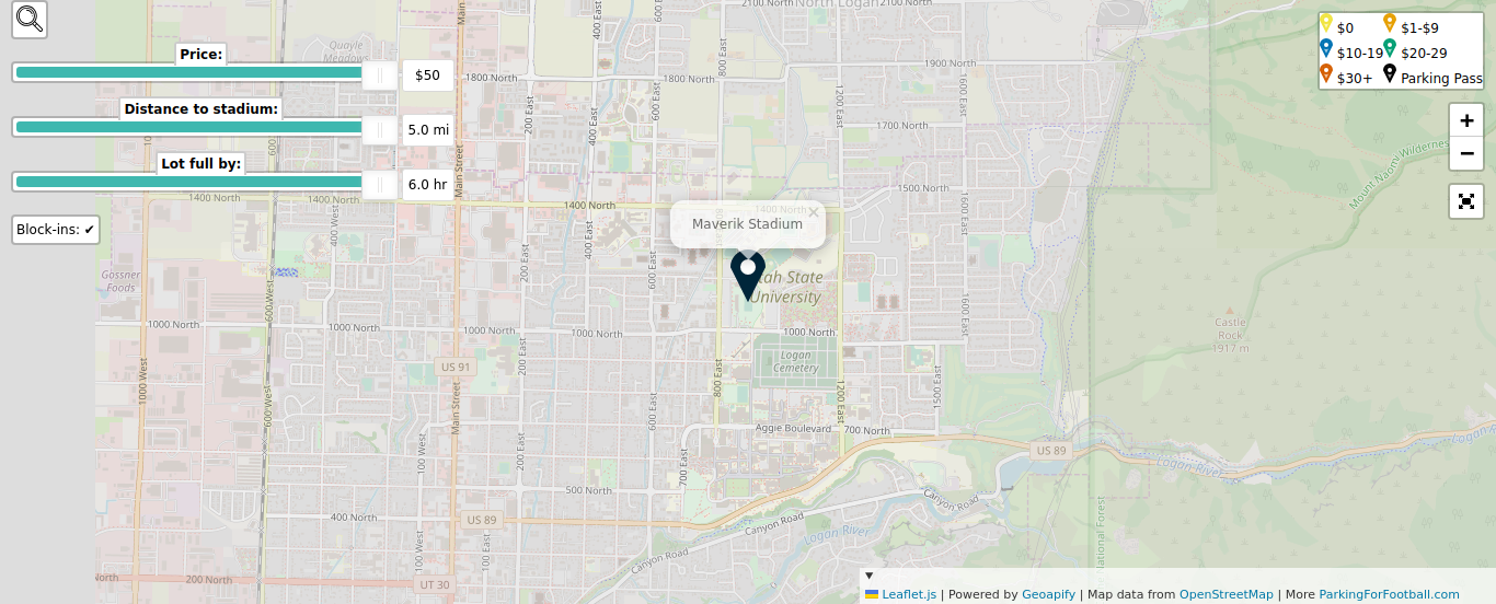 Parking map for Utah State University Aggies college football games at the Maverik Stadium in Logan, UT.