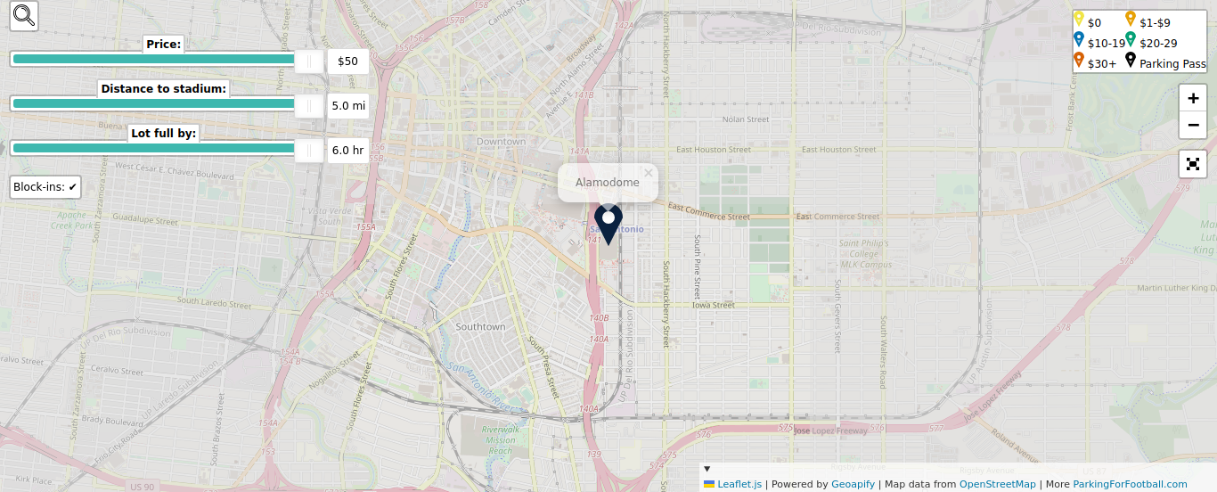 Parking map for University of Texas at San Antonio Roadrunners college football games at the Alamodome in San Antonio, TX.