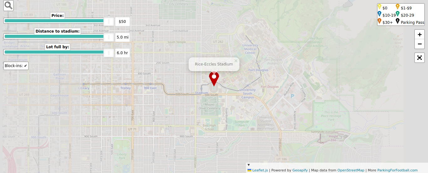 Parking map for University of Utah Utes college football games at the Rice-Eccles Stadium in Salt Lake City, UT.