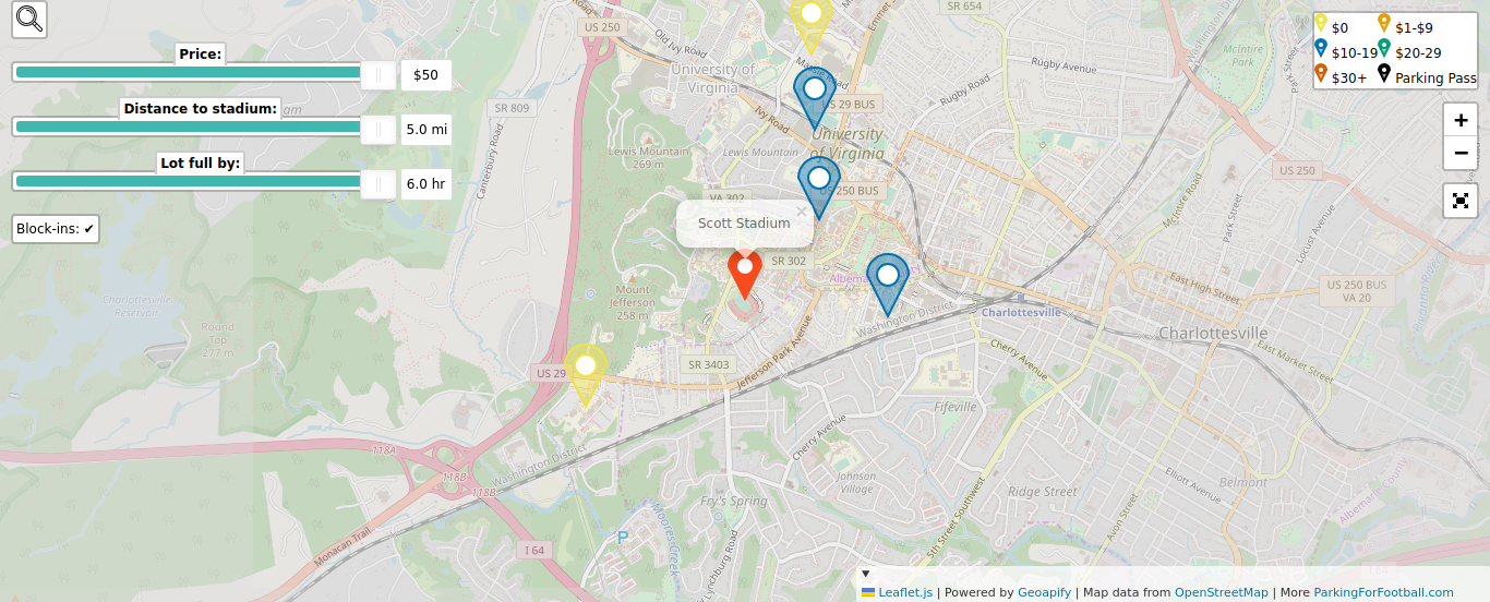 Parking map for University of Virginia Cavaliers college football games at the Scott Stadium in Charlottesville, VA.