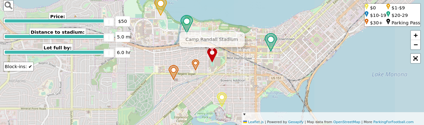 Parking map for University of Wisconsin–Madison Badgers college football games at the Camp Randall Stadium in Madison, WI.