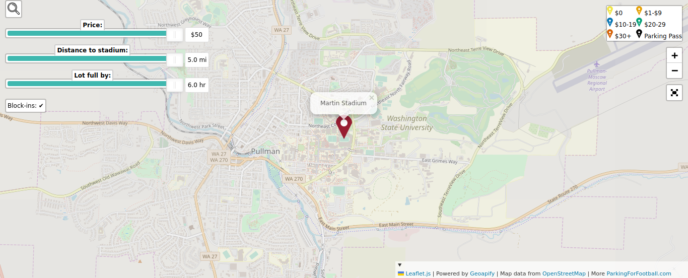 Parking map for Washington State University Cougars college football games at the Martin Stadium in Pullman, WA.