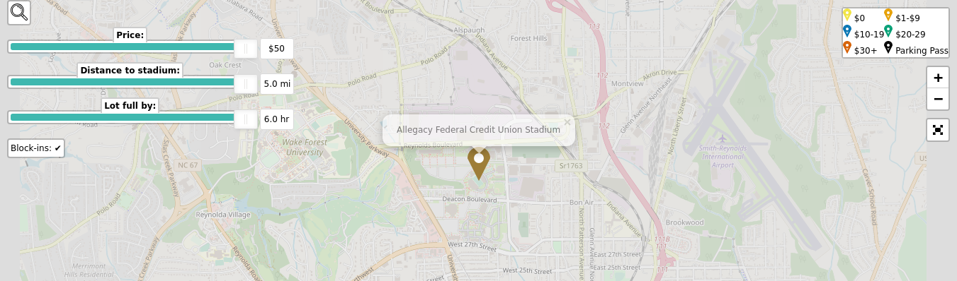 Parking map for Wake Forest University Demon Deacons college football games at the Allegacy Federal Credit Union Stadium in Winston-Salem, NC.