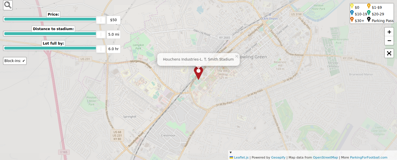 Parking map for Western Kentucky University Hilltoppers & Lady Toppers college football games at the Houchens Industries-L. T. Smith Stadium in Bowling Green, KY.