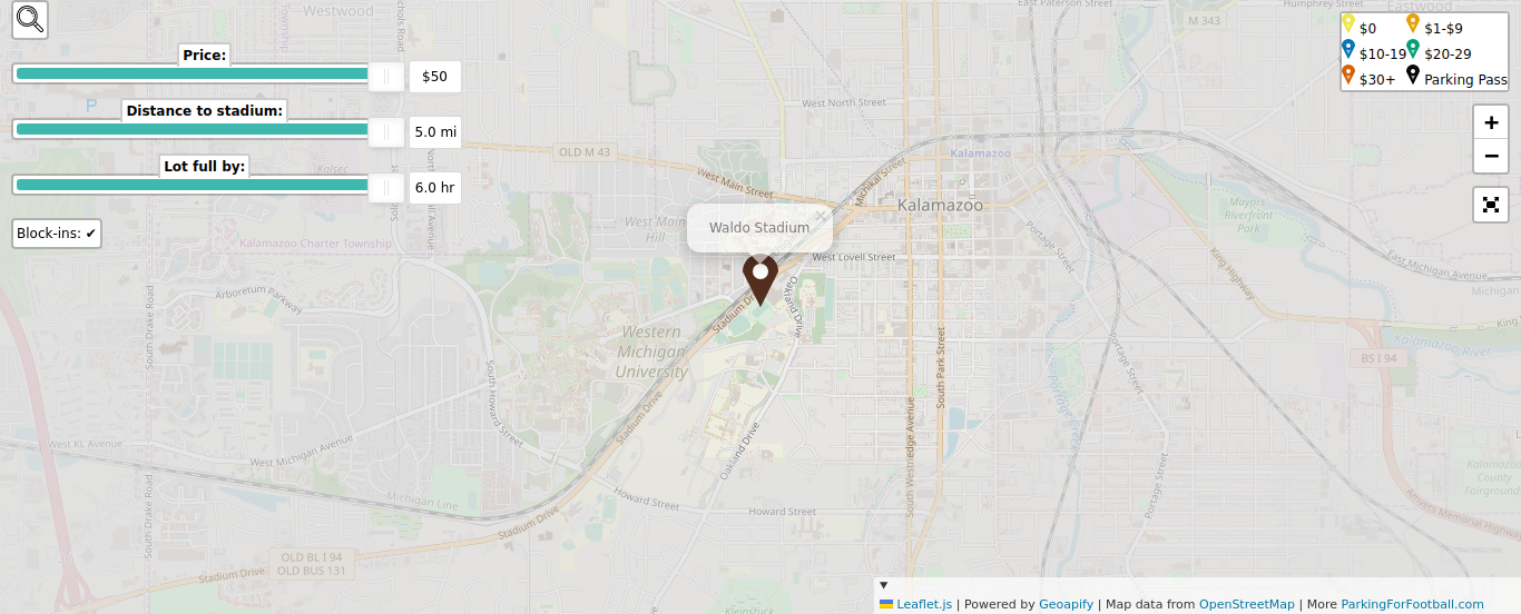 Parking map for Western Michigan University Broncos college football games at the Waldo Stadium in Kalamazoo, MI.