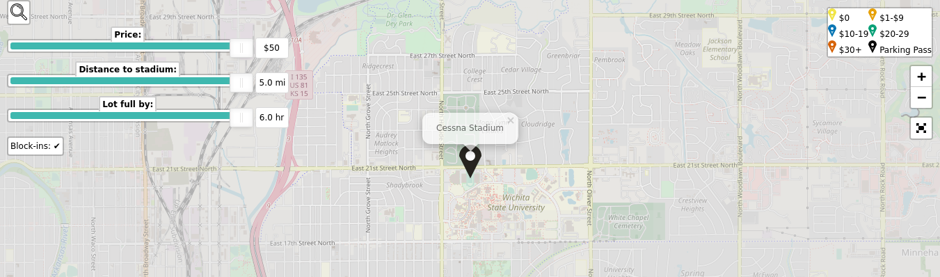 Parking map for Wichita State University Shockers college football games at the Cessna Stadium in Wichita, KS.